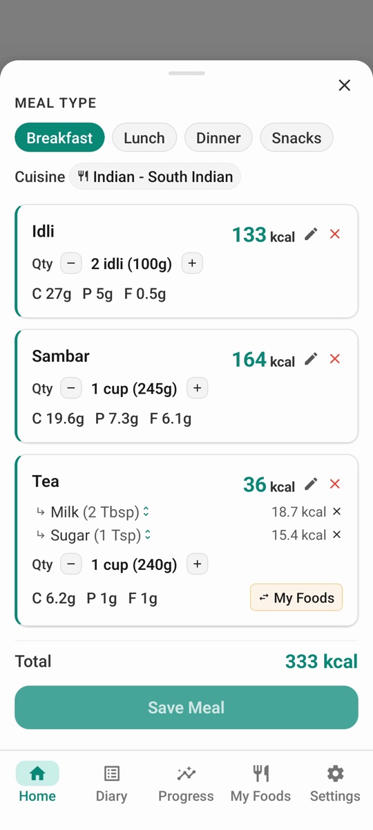 Sayvour breaking the meal into idli, sambar and tea with calories and macros for each