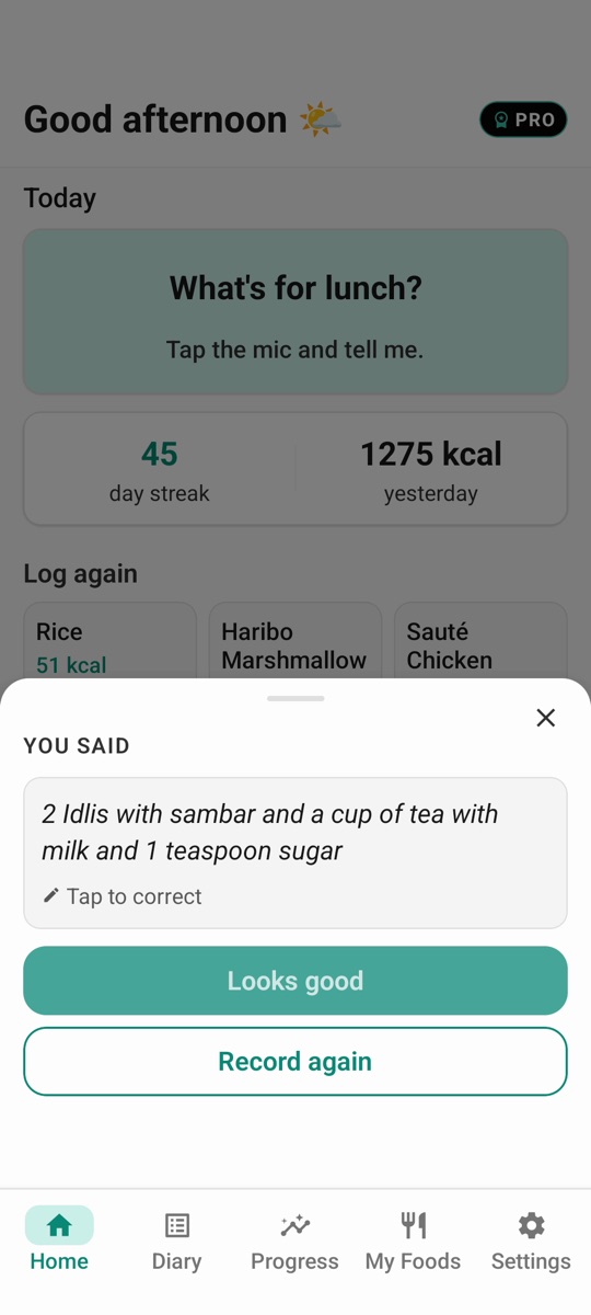 Sayvour showing the spoken meal: 2 idlis with sambar and a cup of tea with milk and 1 teaspoon sugar